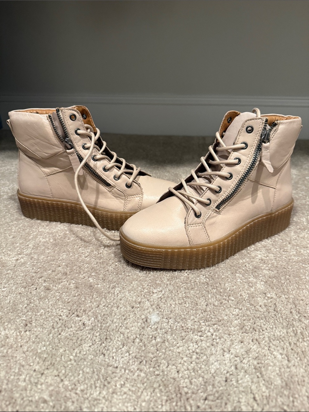 Miz Mooz Beige Lace-Up High-Top Boots with Gum Sole